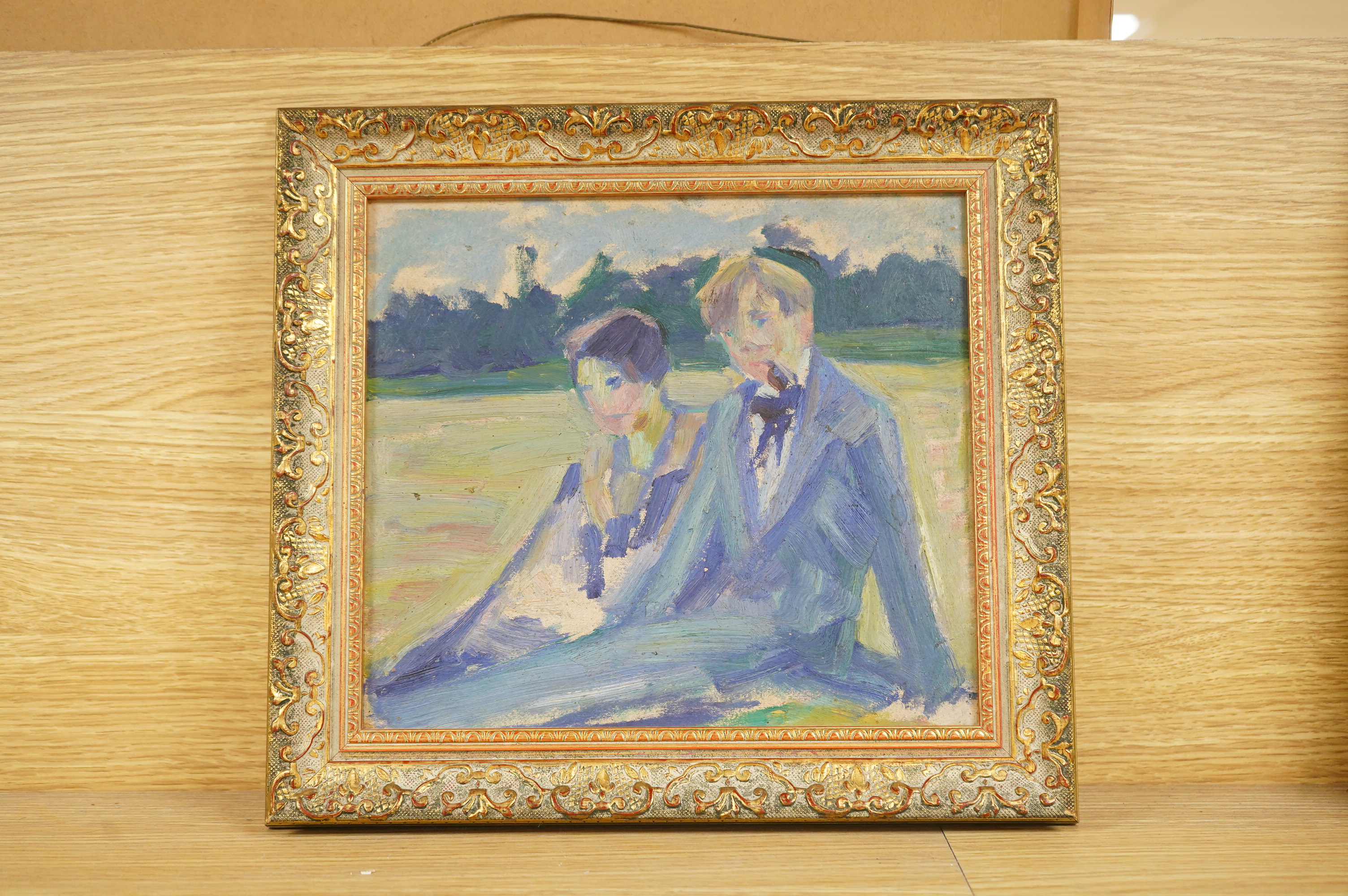 Ferraro, two seated figures before a landscape, unsigned, label verso, impressionist oil on board, 23 x 26cm